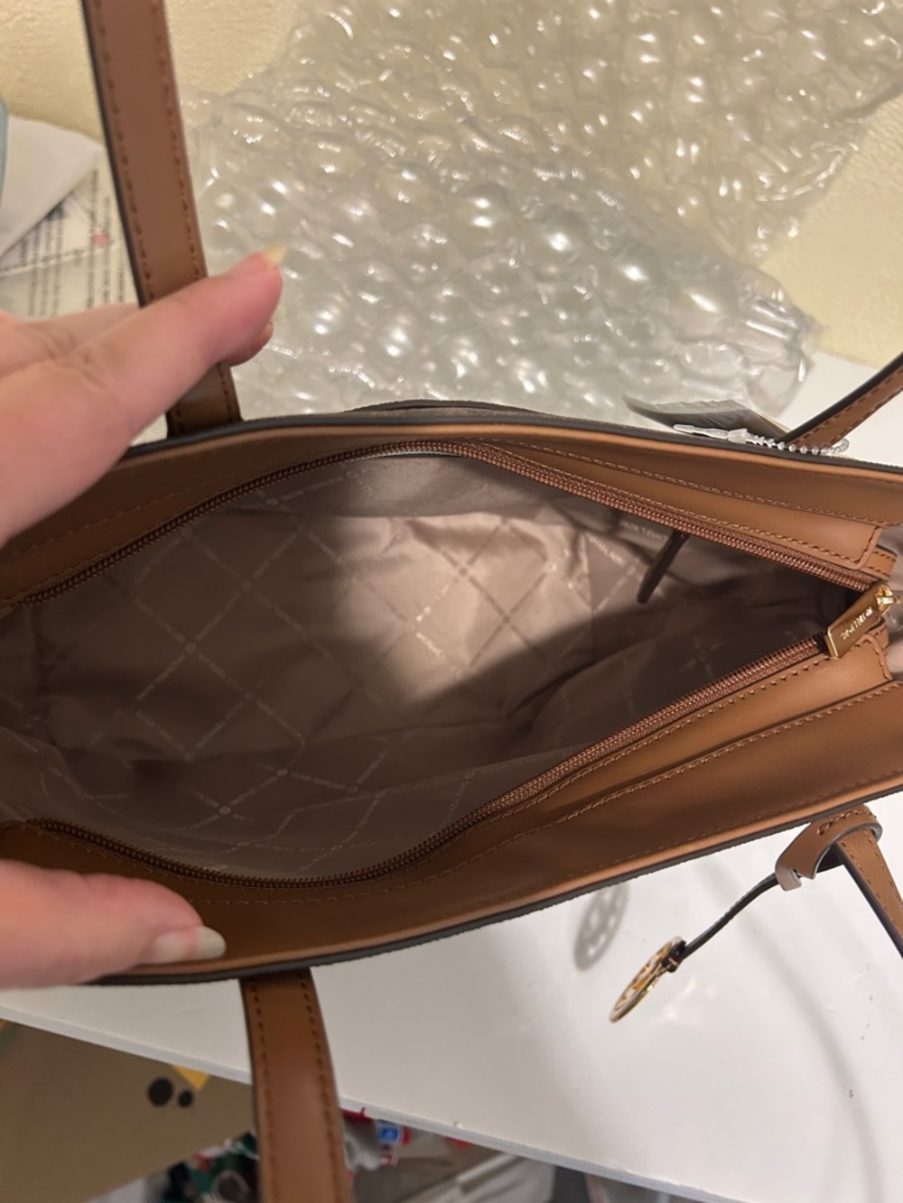 Michael Kors Brown Monogram Tote with Gold MK Charm - Picture 5 of 12